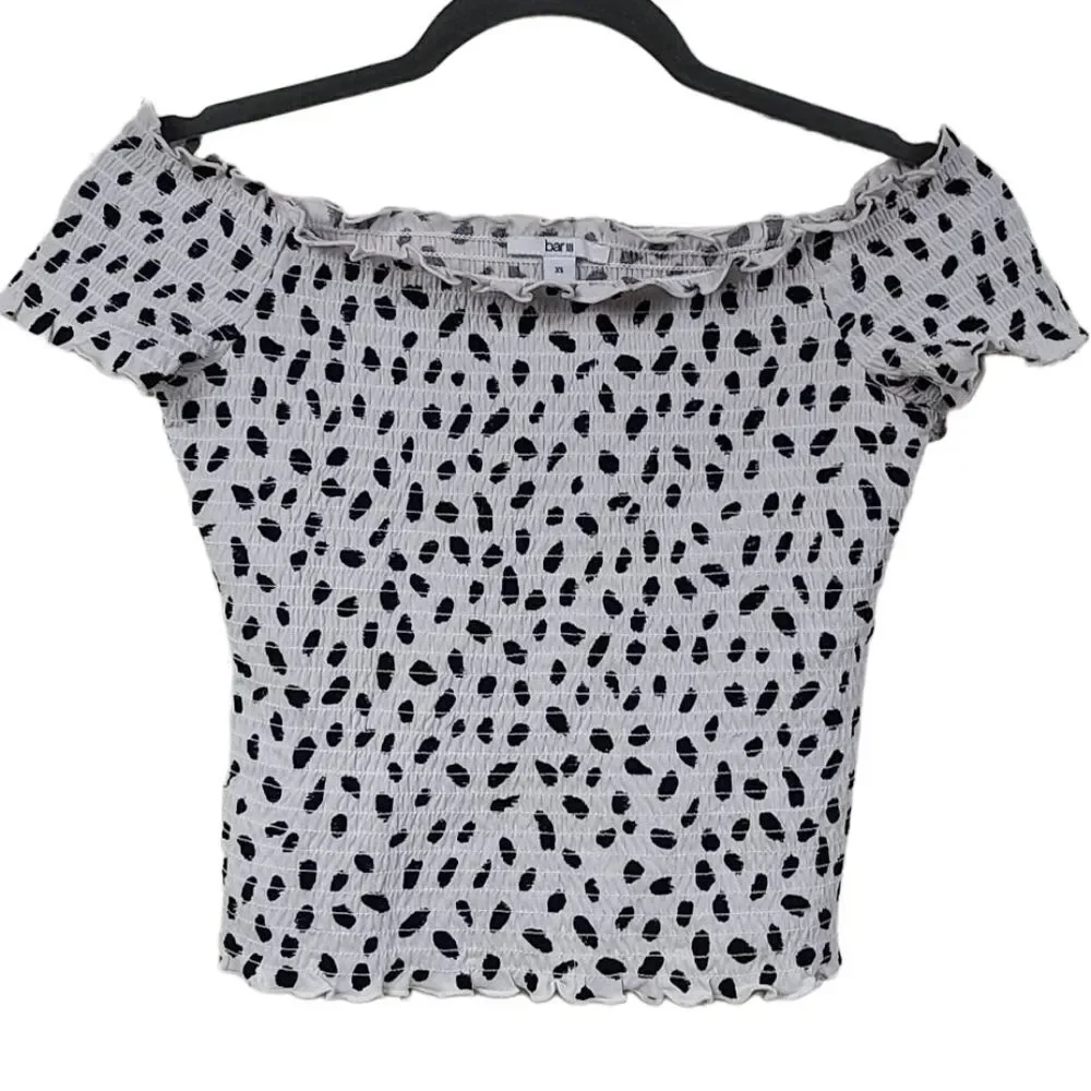 Bar III Animal Print Off Shoulder Smocked Top Black White Fitted XS Going Out